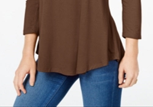 JM Collection Top feminino com decote redondo, marrom, tamanho médio