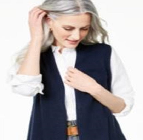 Colete Duster Feminino de Cashmere com Canelado Charter Club Azul Tamanho Médio