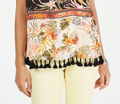 Blusa feminina com estampa floral e acabamento em borlas, preta, tamanho pequeno, da Style &amp; Co