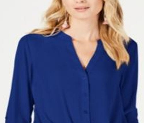 INC International Concepts Blusa feminina com botões frontais e torcidos, azul, tamanho extragrande