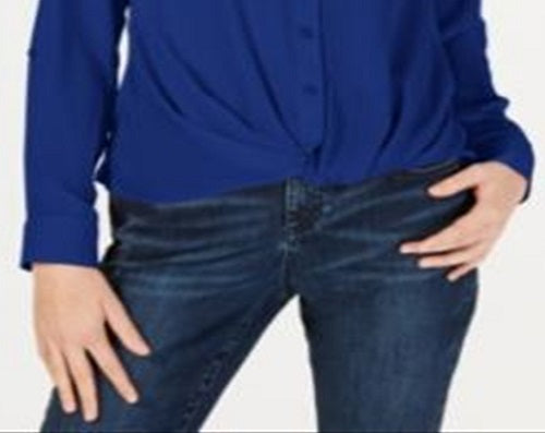 INC International Concepts Blusa feminina com botões frontais e torcidos, azul, tamanho extragrande