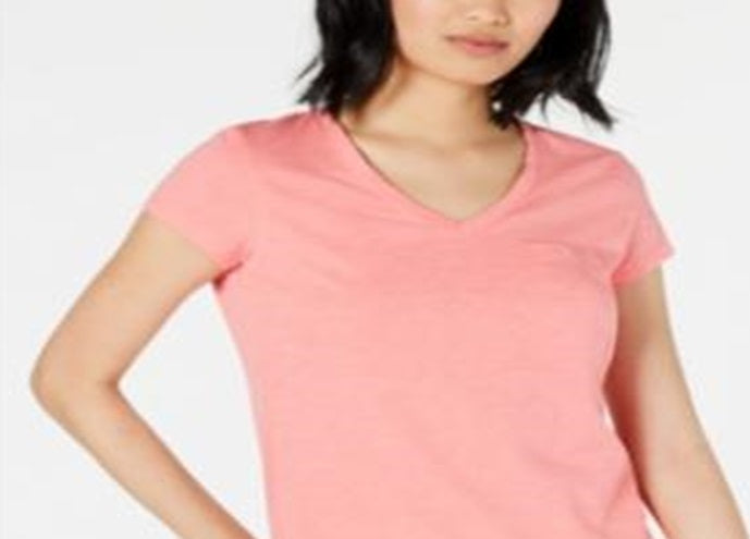 Camiseta feminina Maison Jules com decote em V e bolso aplicado, rosa, tamanho pequeno