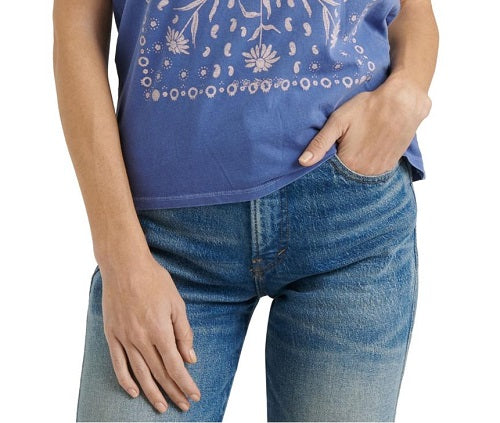 Lucky Brand Camiseta feminina de manga curta, gola redonda e bandana emoldurada, azul, tamanho X-S