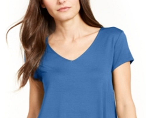 Blusa feminina Alfani lisa de manga curta com decote em V, azul, tamanho pequeno