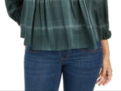 Blusa xadrez feminina estilo &amp; co, gola dividida, verde, tamanho extrapequeno