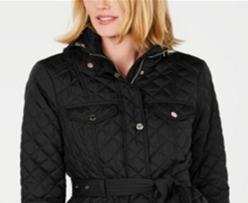 Casaco acolchoado com cinto feminino Michael Kors, preto, tamanho X-S