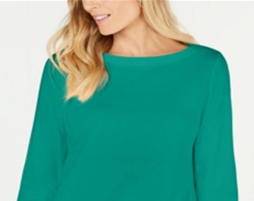 Karen Scott Blusa de malha feminina de algodão com decote canoa e manga 3/4, verde, tamanho GG