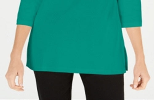Karen Scott Blusa de malha feminina de algodão com decote canoa e manga 3/4, verde, tamanho GG