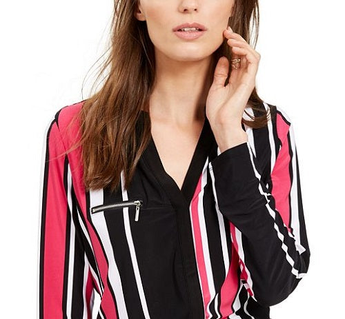 Blusa listrada com zíper e detalhes INC International Concepts para mulheres, rosa, tamanho médio