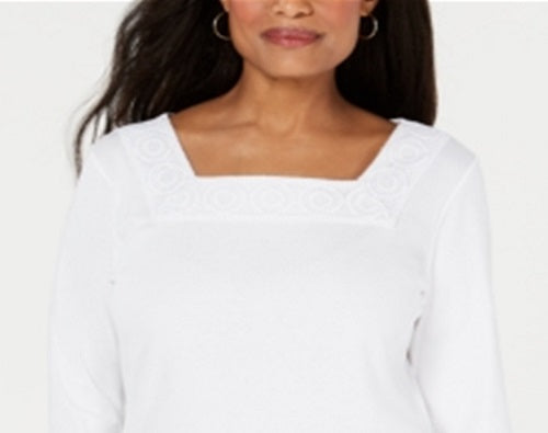 Blusa feminina Karen Scott de crochê com decote quadrado, branca, tamanho XX-G