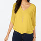 Thalia Sodi Blusa Feminina Amarrada com Manga e Colar Amarelo Tamanho Grande