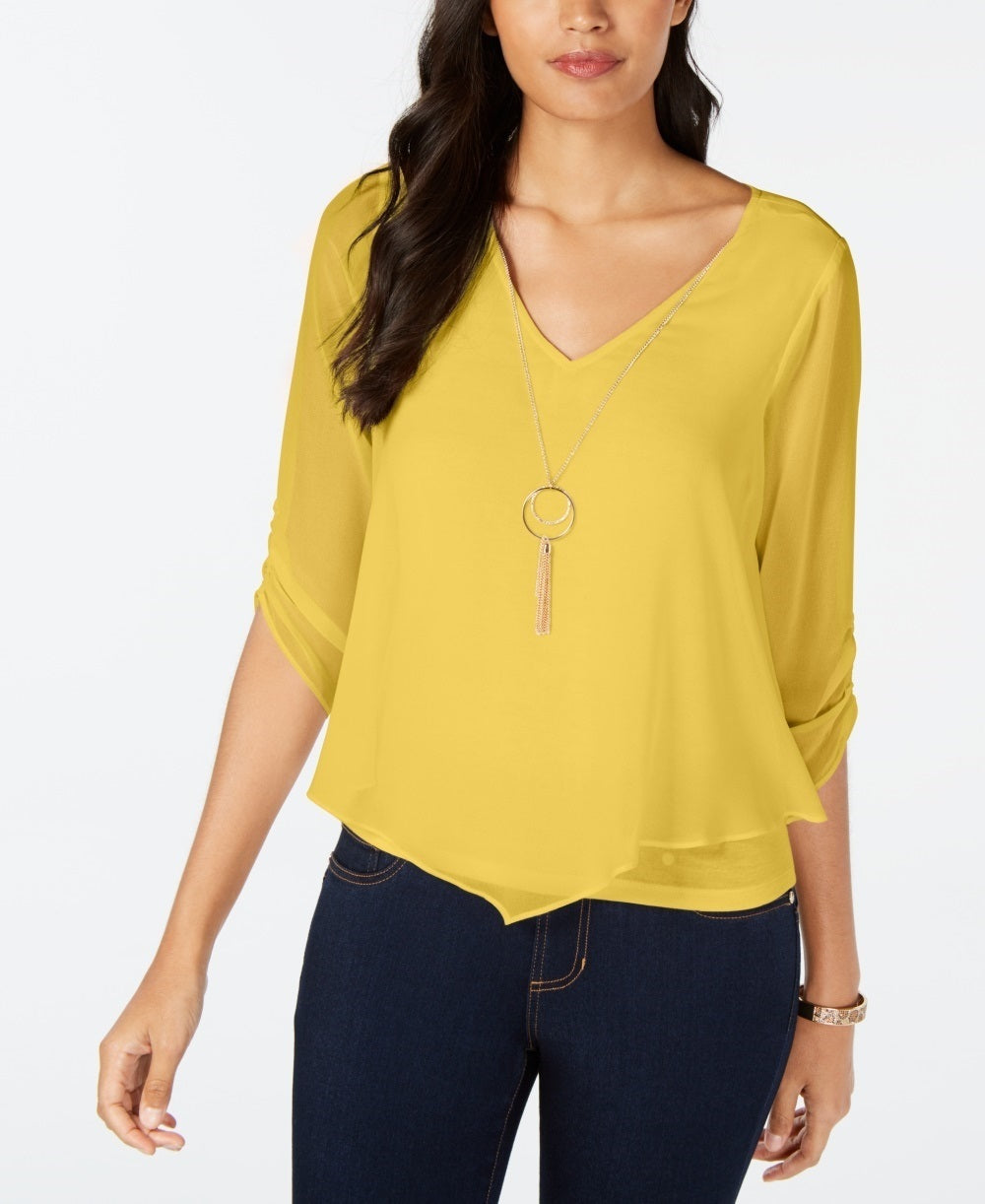 Thalia Sodi Blusa Feminina Amarrada com Manga e Colar Amarelo Tamanho Grande
