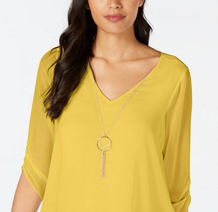 Thalia Sodi Blusa Feminina Amarrada com Manga e Colar Amarelo Tamanho Grande