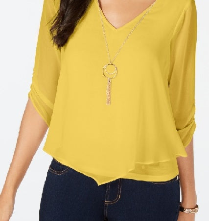 Thalia Sodi Blusa Feminina Amarrada com Manga e Colar Amarelo Tamanho Grande
