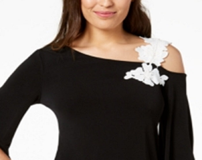Blusa feminina Alfani com apliques de um ombro só, preta, tamanho pequeno G