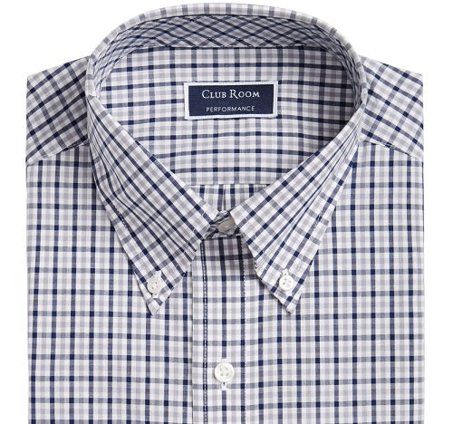Camisa social masculina Club Room Classic Regular Fit Gingham Check Performance cinza tamanho 34x35