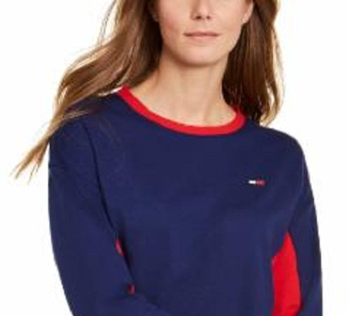 Tommy Hilfiger Feminino Gola com Fita de Algodão Jimmy Jazz Cropped Crew Top Azul Tamanho Médio