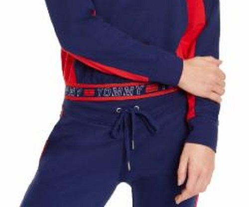Tommy Hilfiger Feminino Gola com Fita de Algodão Jimmy Jazz Cropped Crew Top Azul Tamanho Médio