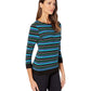 Vince Camuto Blusa feminina com manga 3/4 e decote canoa e listras paisagísticas, preta, tamanho médio
