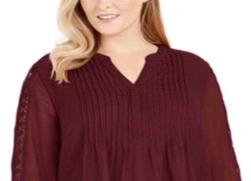 Top feminino Charter Club com mangas rendadas e frente franzida, vermelho, tamanho 3X