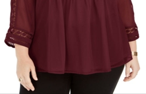 Top feminino Charter Club com mangas rendadas e frente franzida, vermelho, tamanho 3X