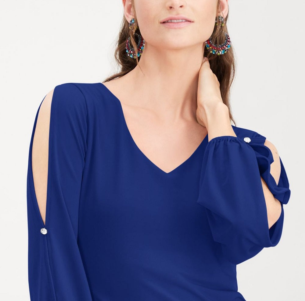 INC International Concepts Top feminino com botões e mangas divididas e strass, azul, tamanho XX-G