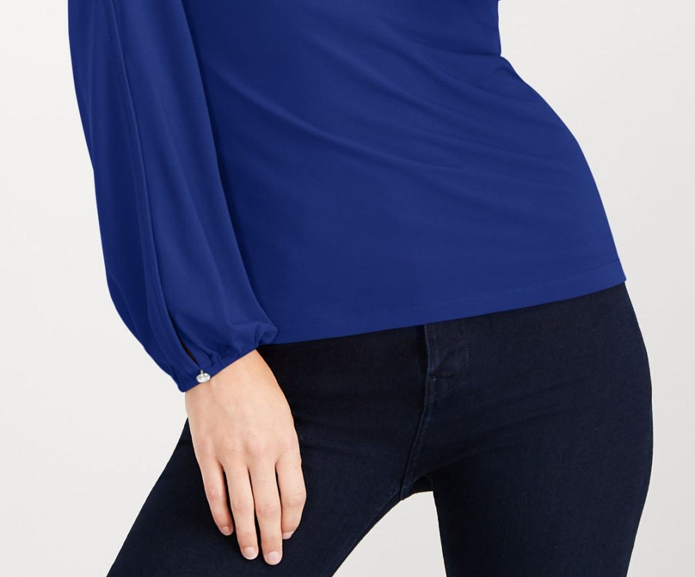 INC International Concepts Top feminino com botões e mangas divididas e strass, azul, tamanho XX-G