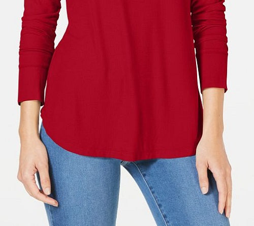 Camiseta feminina canelada de manga comprida INC International Concepts, vermelha, tamanho X-G