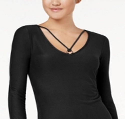 Vestido justo com alças finas e detalhes Planet Gold Junior, preto, tamanho grande