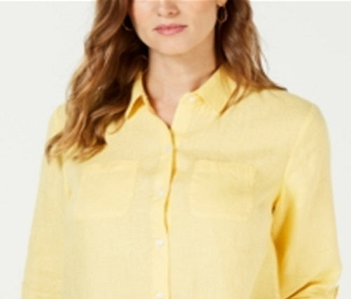Camisa feminina Charter Club de linho com botões frontais, tamanho pequeno, amarela