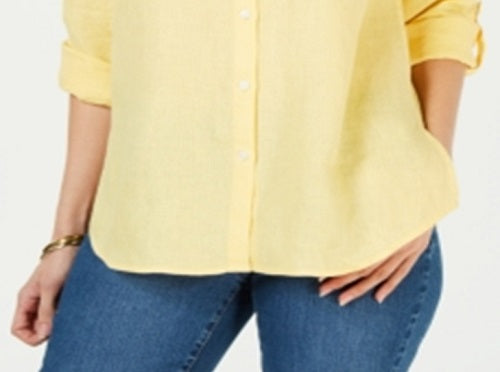 Camisa feminina Charter Club de linho com botões frontais, tamanho pequeno, amarela