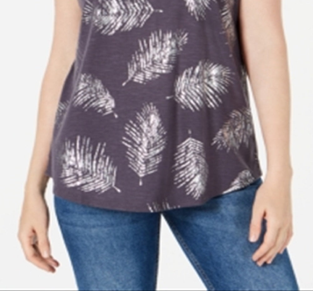 Blusa feminina com estampa de folhas e decote redondo, cinza, tamanho extragrande, da Style &amp; Co