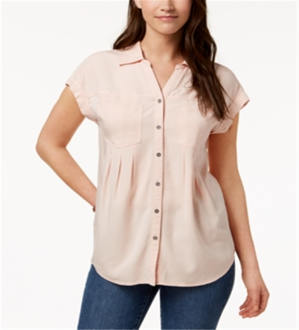 Blusa Henley de manga curta com gola alta feminina Style &amp; Co, rosa, tamanho grande, para usar no trabalho