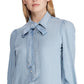 Camisa Ralph Lauren Feminina Cambraia com Gola Amarrada Azul Tamanho Grande