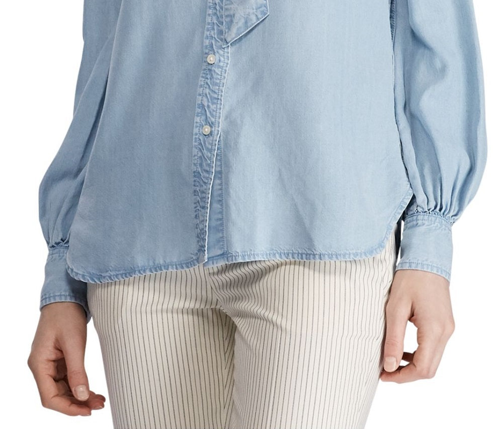 Camisa Ralph Lauren Feminina Cambraia com Gola Amarrada Azul Tamanho Grande