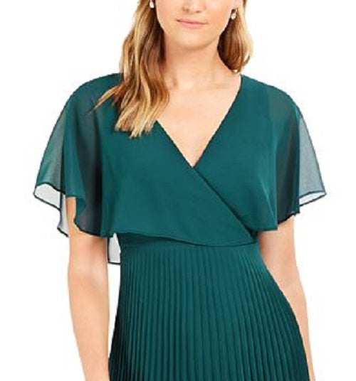 Vestido de festa feminino Kensie, manga curta, decote em V, midi, hi-lo, verde, tamanho 12