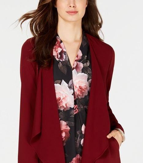 Jaqueta feminina Nine West com decote drapeado e frente aberta, vermelha, tamanho grande