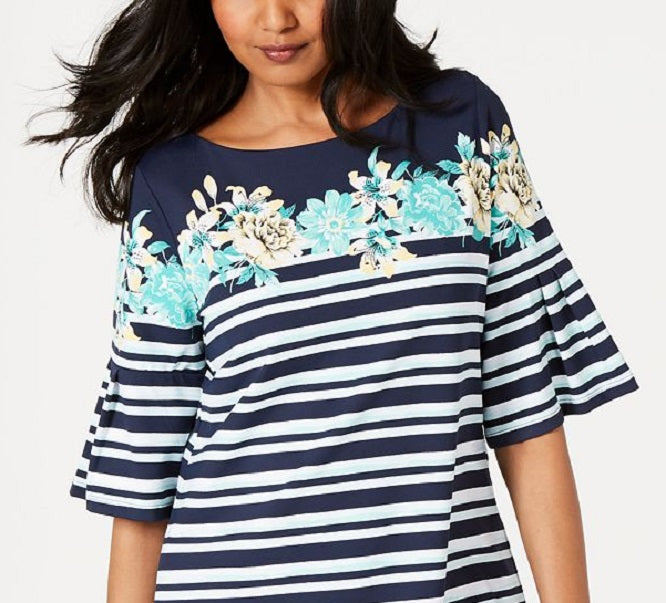 Charter Club Blusa feminina listrada tropical com manga sino, azul, tamanho grande