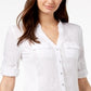 Blusa feminina com botões e painel de linho INC International Concepts, branca, tamanho pequeno G