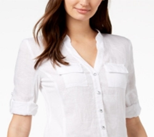 Blusa feminina com botões e painel de linho INC International Concepts, branca, tamanho pequeno G