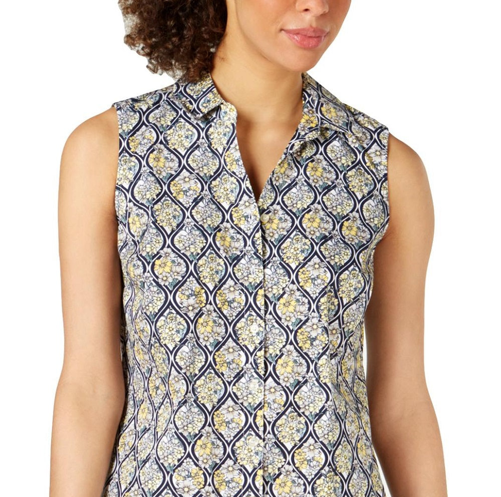 Camisa feminina sem mangas Charter Club com botões, amarela, tamanho 14, pequena