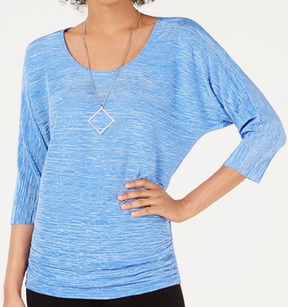 JM Collection Blusa feminina com manga dolman texturizada e colar azul tamanho pequeno