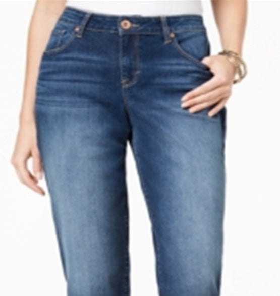 Calça jeans estilo boyfriend feminina, estilo curvy-fit, com punho, azul, tamanho 2