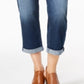 Calça jeans estilo boyfriend feminina, estilo curvy-fit, com punho, azul, tamanho 2