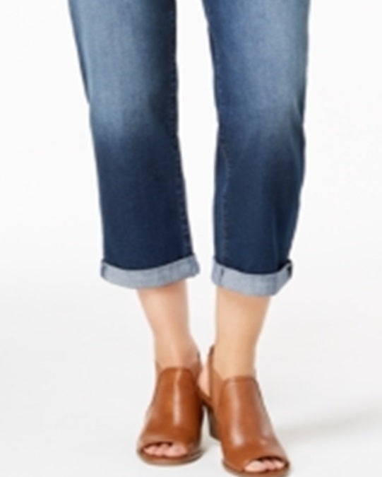 Calça jeans estilo boyfriend feminina, estilo curvy-fit, com punho, azul, tamanho 2