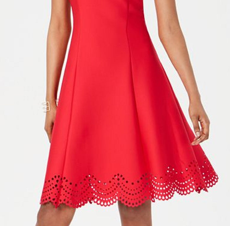 Vestido Donna Ricco Feminino Fit &amp; Flare com Bainha Recortada a Laser, Vermelho, Tamanho 14