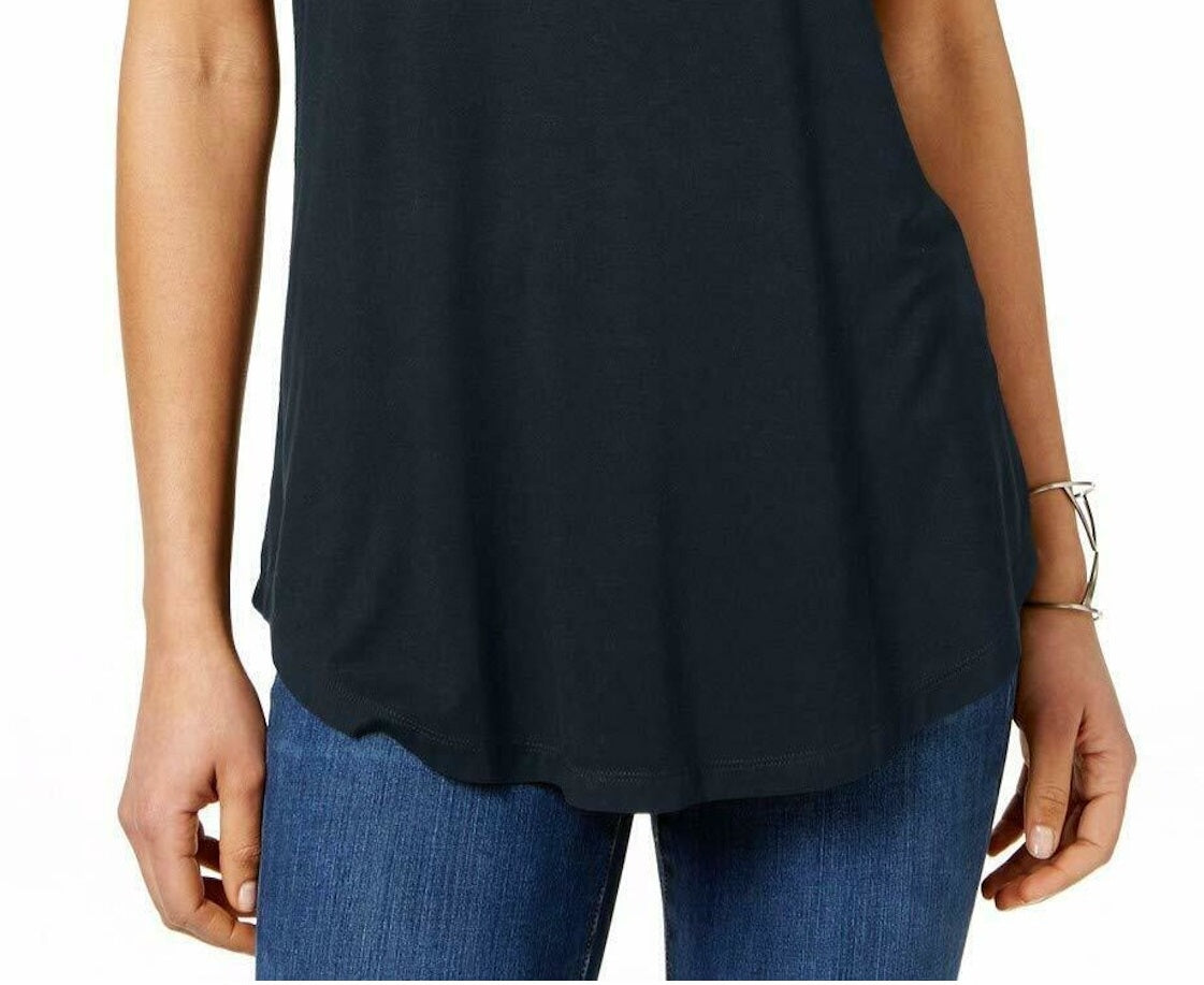 Blusa feminina com bainha curta e manga curta JM Collection, azul escuro, tamanho pequeno G