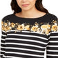 Blusa feminina listrada e estampada floral Charter Club, preta, tamanho pequeno