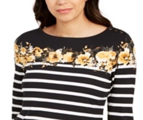 Blusa feminina listrada e estampada floral Charter Club, preta, tamanho pequeno