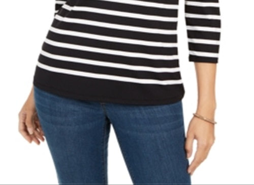 Blusa feminina listrada e estampada floral Charter Club, preta, tamanho pequeno
